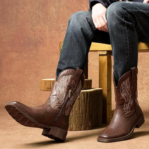 Jousen Mens Amy8420-darkbrown Embroidery Retro Square Toe Chunky Heeled Boots - Picture 7 of 8